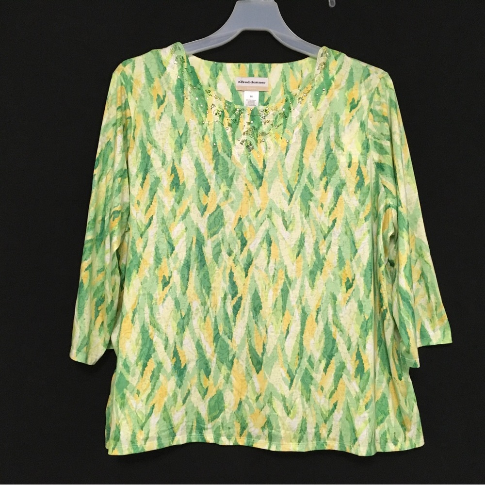 Alfred Dunner Plus Size 2X Green & Yellow Trimmed Neckline 3/4 Sleeve Top NWT